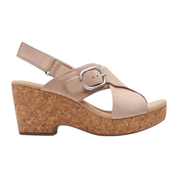 Clarks Women's Giselle Dove Nubuck Leather Wedge Cork Heel Sandals Beige Size 9 - Picture 2 of 5